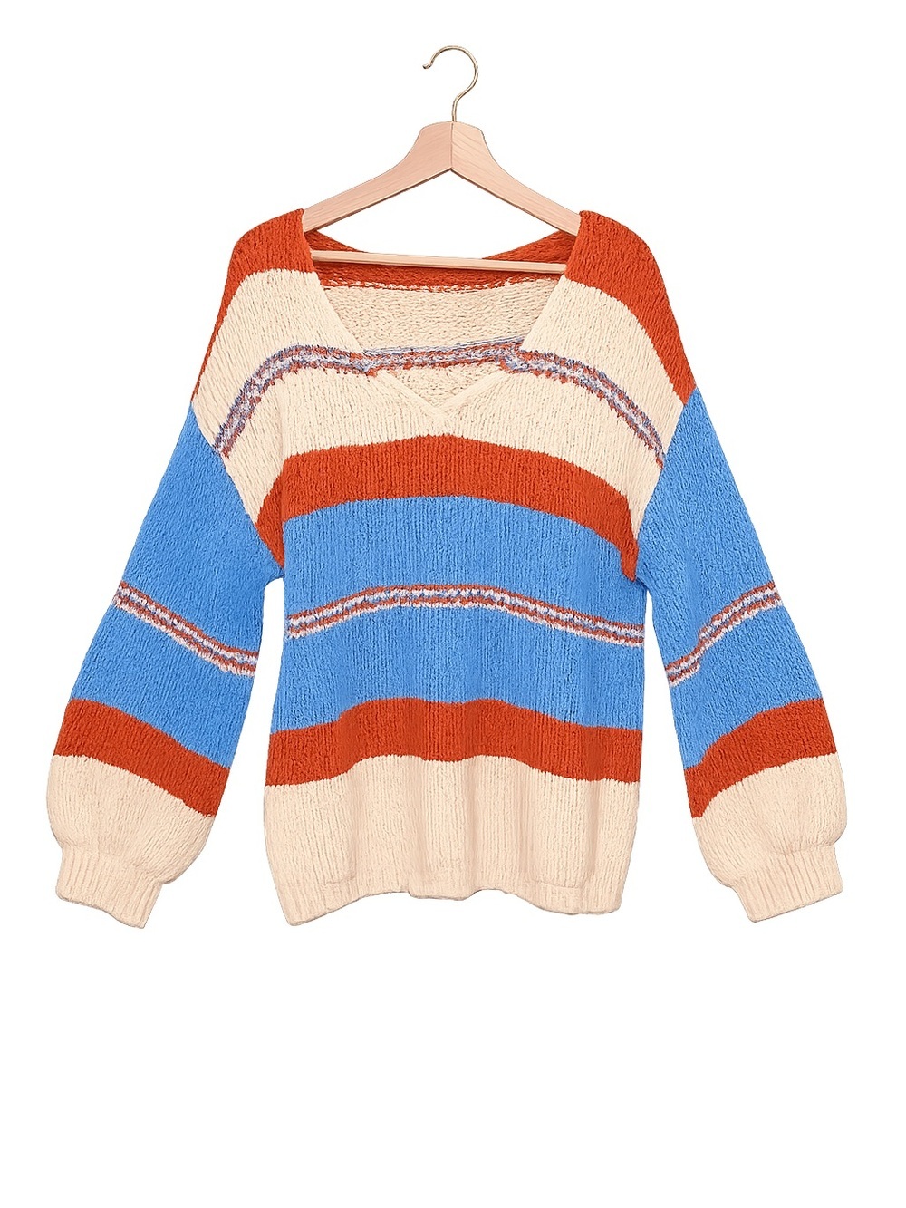 Colorblock Striped Chunky Knit Sweater | Blue Cream Rust V-Neck Boho Cozy - Picture 2 of 10